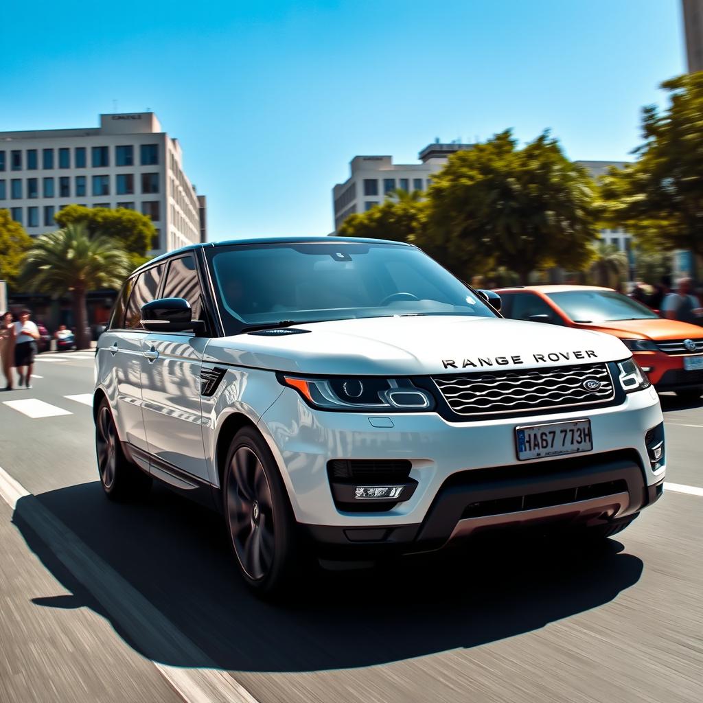 A luxurious white Range Rover driving on a city street, surrounded by modern buildings and greenery