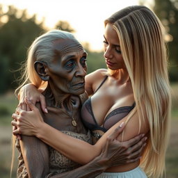 A highly realistic portrayal of a 100-year-old African woman, depicted as unattractive and extremely thin, tenderly embracing a young blonde woman