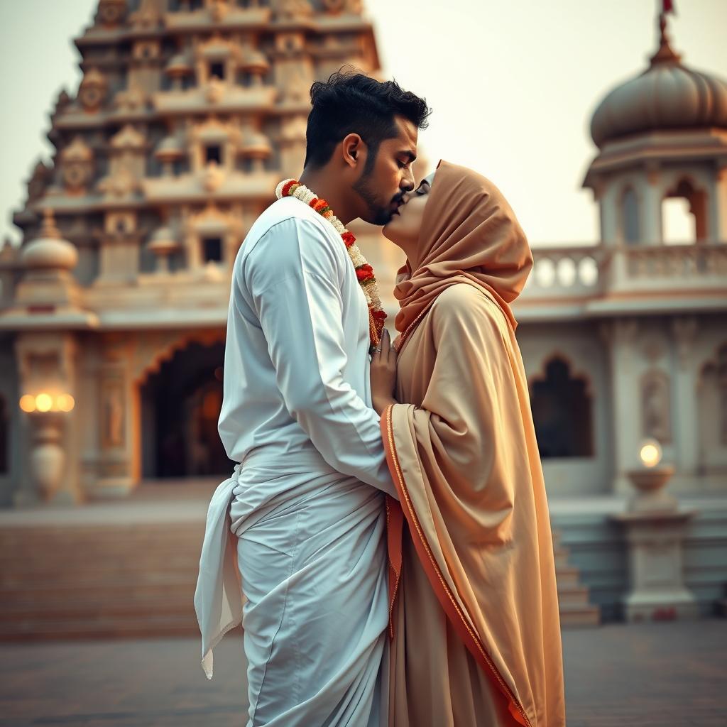 A minimalist and romantic scene showcasing a tall Hindu man in a pristine white dhoti, featuring a bright red tilak on his forehead, sharing a tender kiss with a Muslim woman elegantly dressed in a flowing hijab