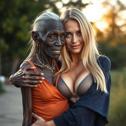 A highly realistic depiction of a 100-year-old African woman, characterized as unattractive and extremely thin, affectionately embracing a young blonde woman