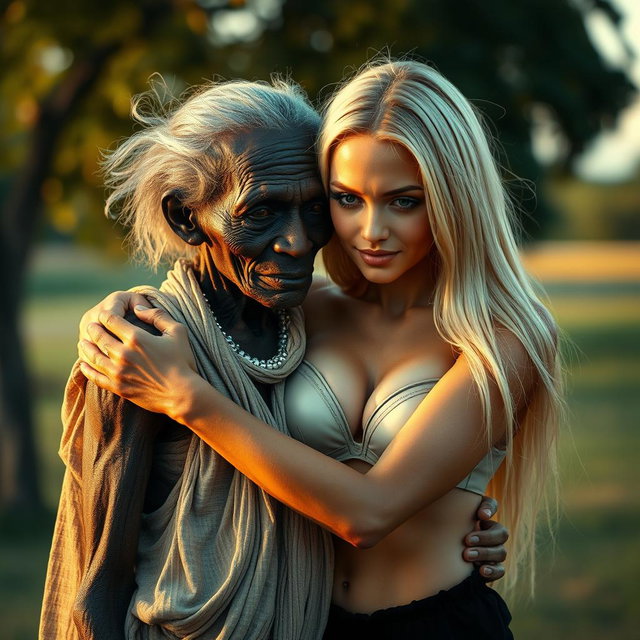A highly realistic depiction of a 100-year-old African woman, characterized as unattractive and extremely thin, affectionately embracing a young blonde woman
