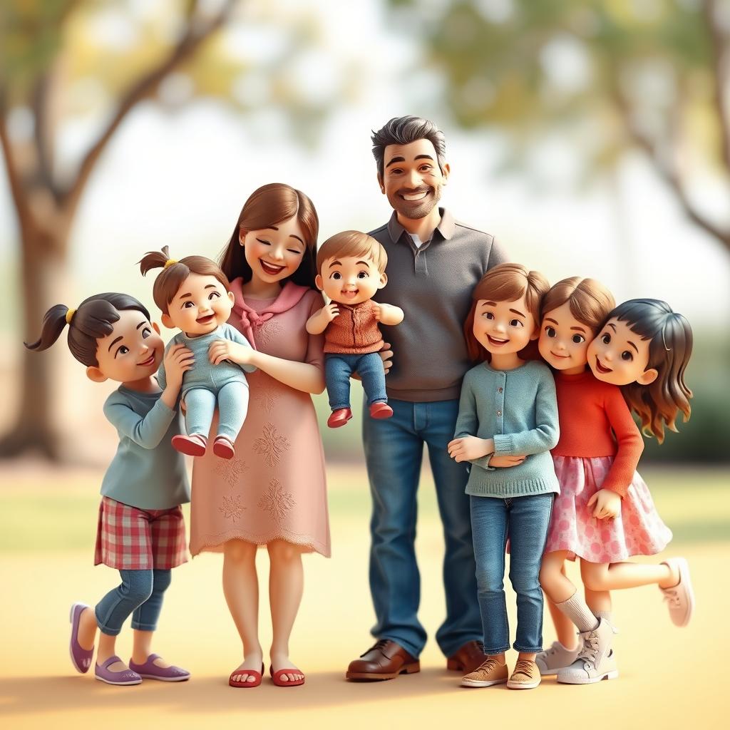 A three-dimensional family scene featuring seven members: a caring mother holding her playful child, who is 3 years old, while the father stands beside them with a proud smile
