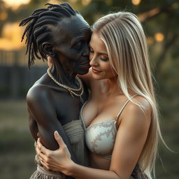 A highly realistic depiction of a 100-year-old African woman, characterized as unattractive and extremely thin, lovingly embracing a young blonde woman