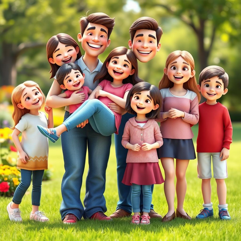 A vibrant, three-dimensional scene featuring a cheerful family of seven