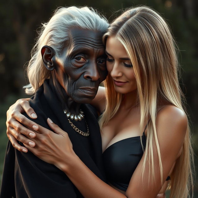 A highly realistic portrayal of a 100-year-old African woman, characterized as unattractive and extremely thin, dressed in elegant black clothing while tenderly embracing a young blonde woman