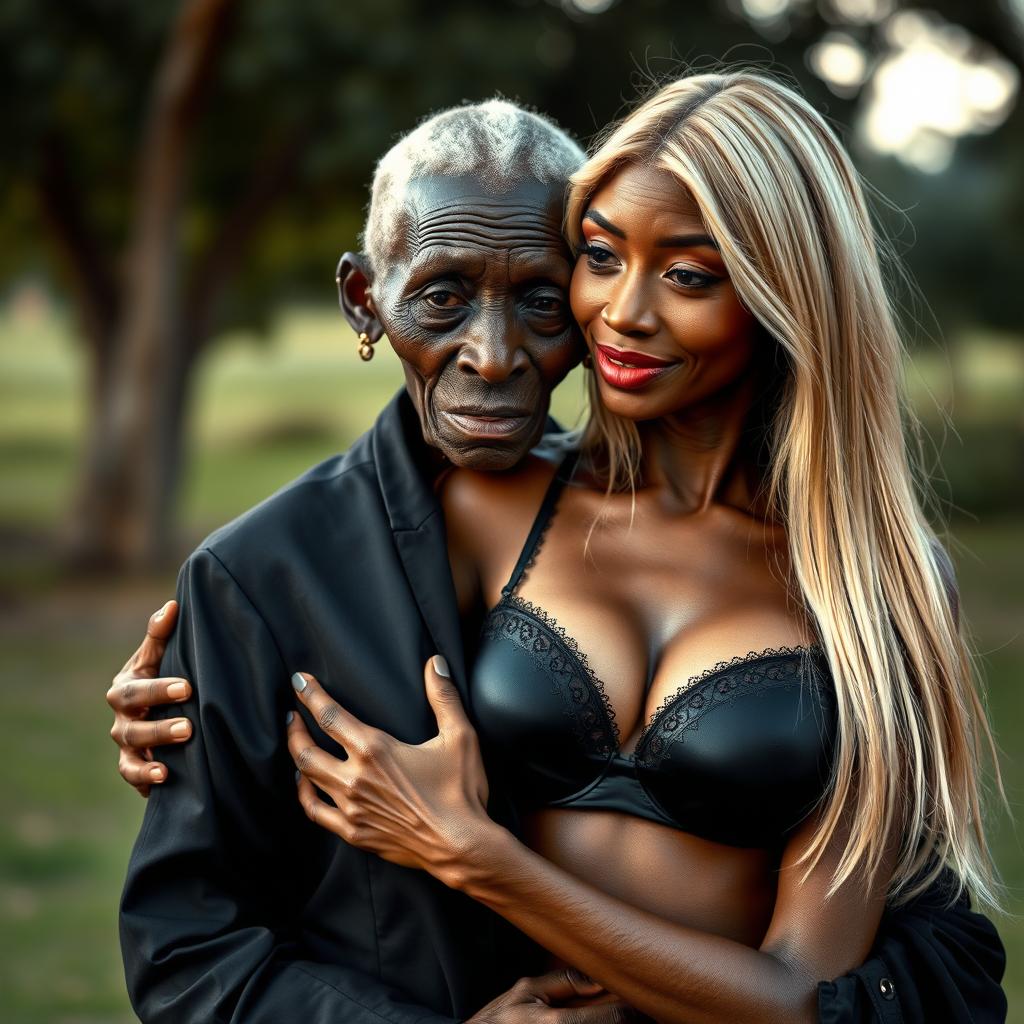 A highly realistic portrayal of a 100-year-old African woman, characterized as unattractive and extremely thin, dressed in elegant black clothing while tenderly embracing a young blonde woman