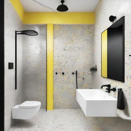 Modern bathroom with three grey terrazzo walls, one white glossy brick wall, black shower fixtures, tap, and a pastel yellow ceiling.