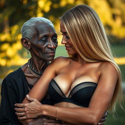 A highly realistic portrayal of a 100-year-old African woman, characterized as unattractive and extremely thin, dressed elegantly in black clothing while lovingly embracing a young blonde woman