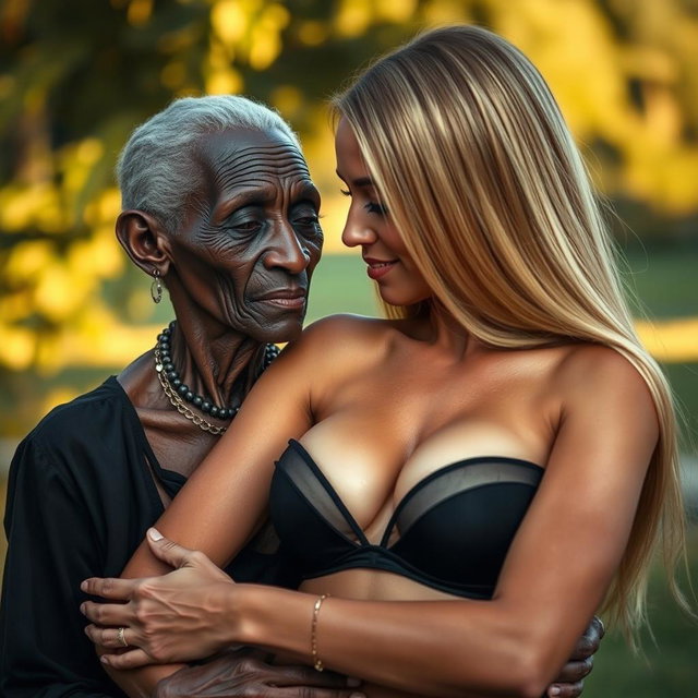 A highly realistic portrayal of a 100-year-old African woman, characterized as unattractive and extremely thin, dressed elegantly in black clothing while lovingly embracing a young blonde woman