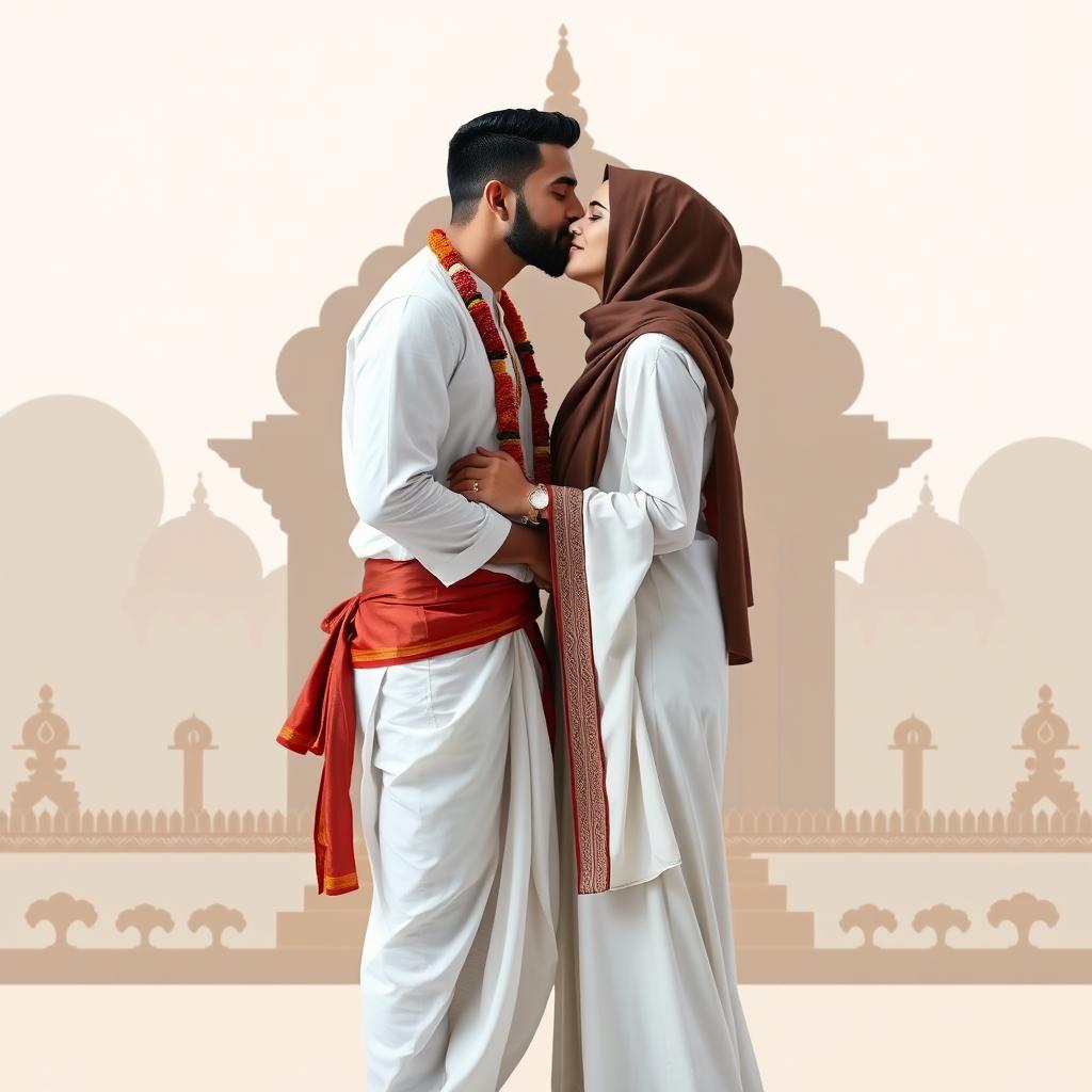 A minimalist romantic scene featuring a tall Hindu man dressed in a white dhoti with a striking red tilak on his forehead, kissing a Muslim woman adorned in a graceful hijab