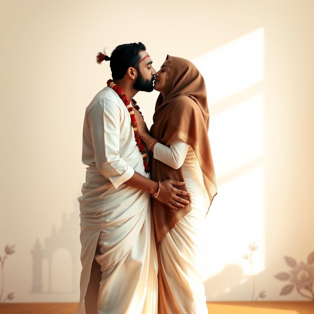 A minimalist romantic scene depicting a tall Hindu man dressed in a flowing white dhoti, complete with a bright red tilak on his forehead, deeply kissing a Muslim woman adorned in an elegant hijab