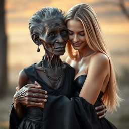 A highly realistic portrayal of a 100-year-old African woman, characterized as unattractive and extremely thin, dressed elegantly in black clothing while affectionately embracing a young blonde woman