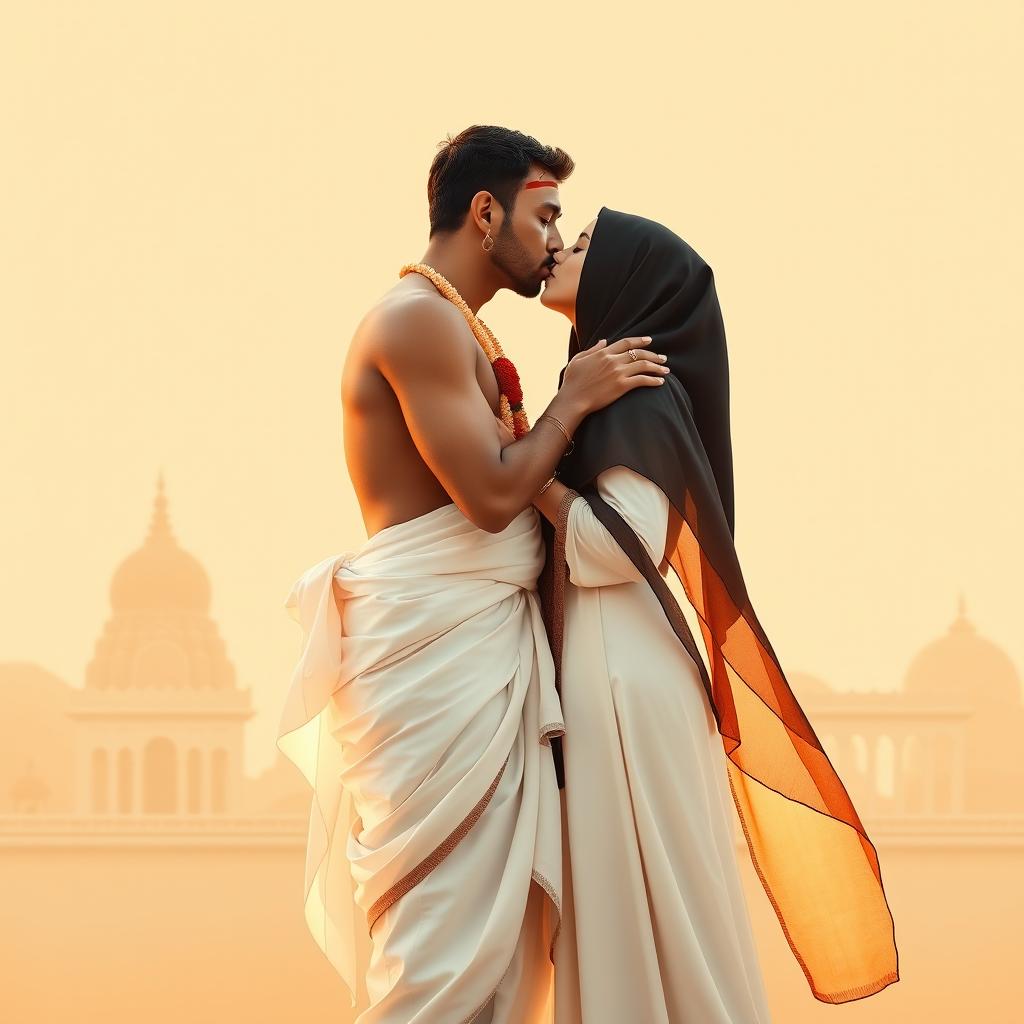 A minimalist romantic scene portraying a tall, fit Hindu man dressed in a flowing white dhoti, adorned with a vivid red tilak on his forehead, as he tenderly kisses a Muslim woman wearing a beautifully styled hijab