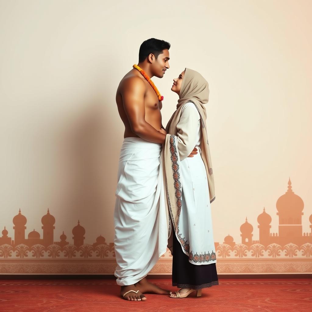 A minimalist romantic scene showcasing a tall, muscular Hindu man in a flowing white dhoti, adorned with a vibrant red tilak on his forehead, gently kissing a Muslim woman wearing an elegant hijab