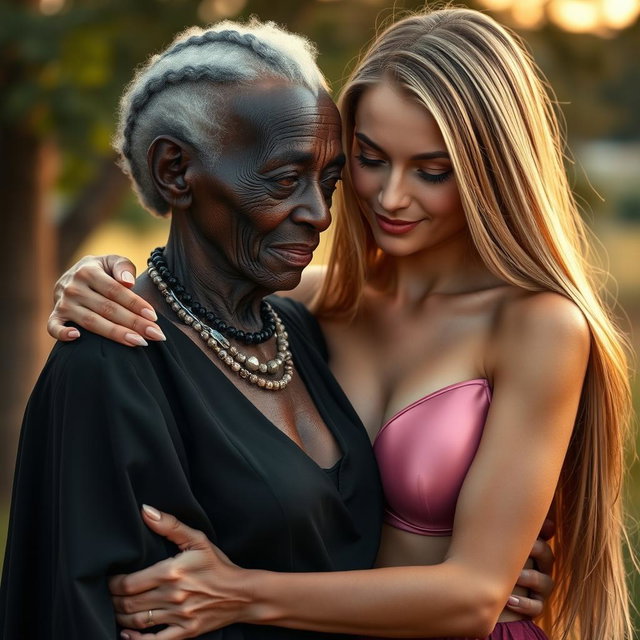 A highly realistic portrayal of a 100-year-old African woman, characterized as unattractive and extremely thin, dressed in elegant black clothing while affectionately embracing a young blonde woman