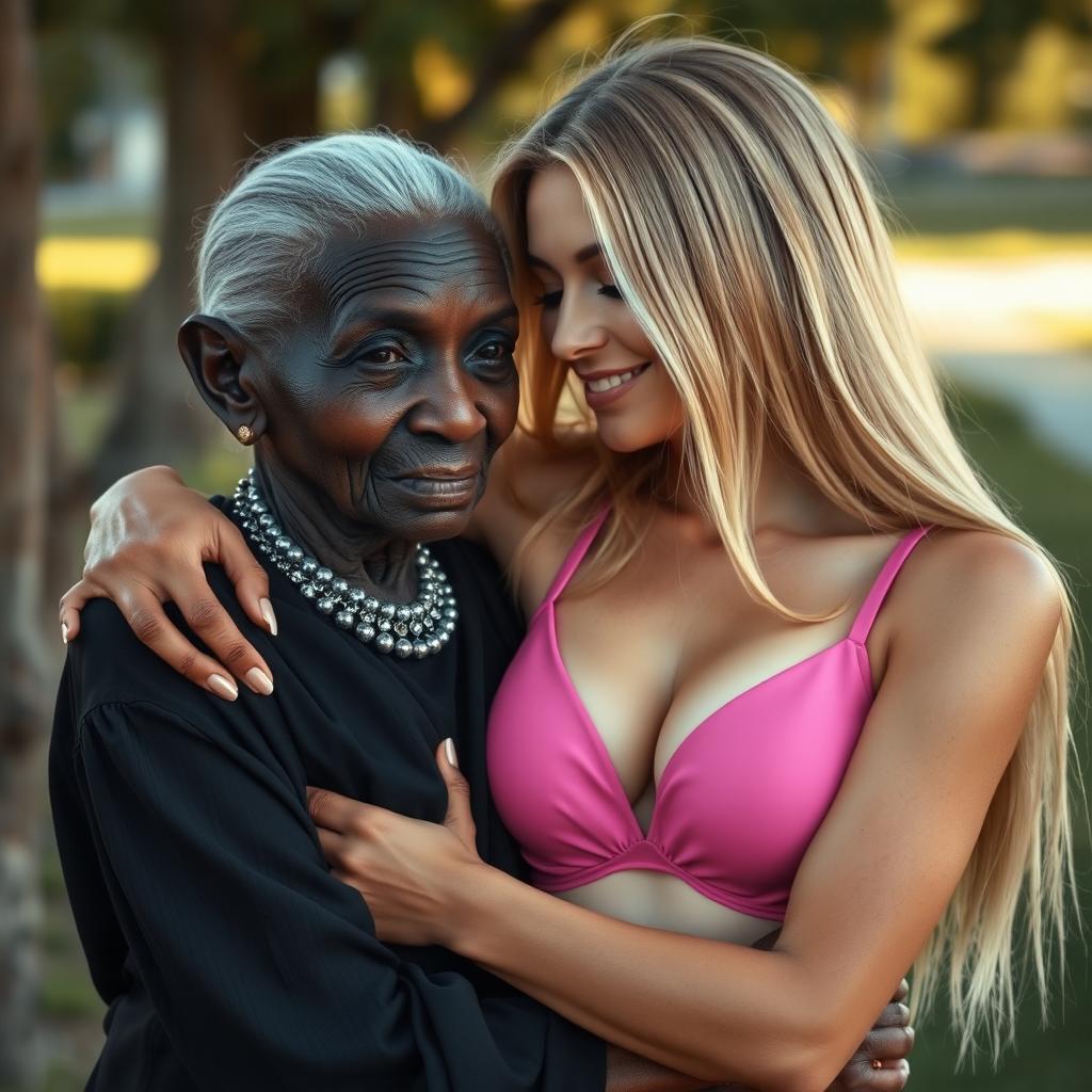 A highly realistic portrayal of a 100-year-old African woman, characterized as unattractive and extremely thin, dressed in elegant black clothing while affectionately embracing a young blonde woman