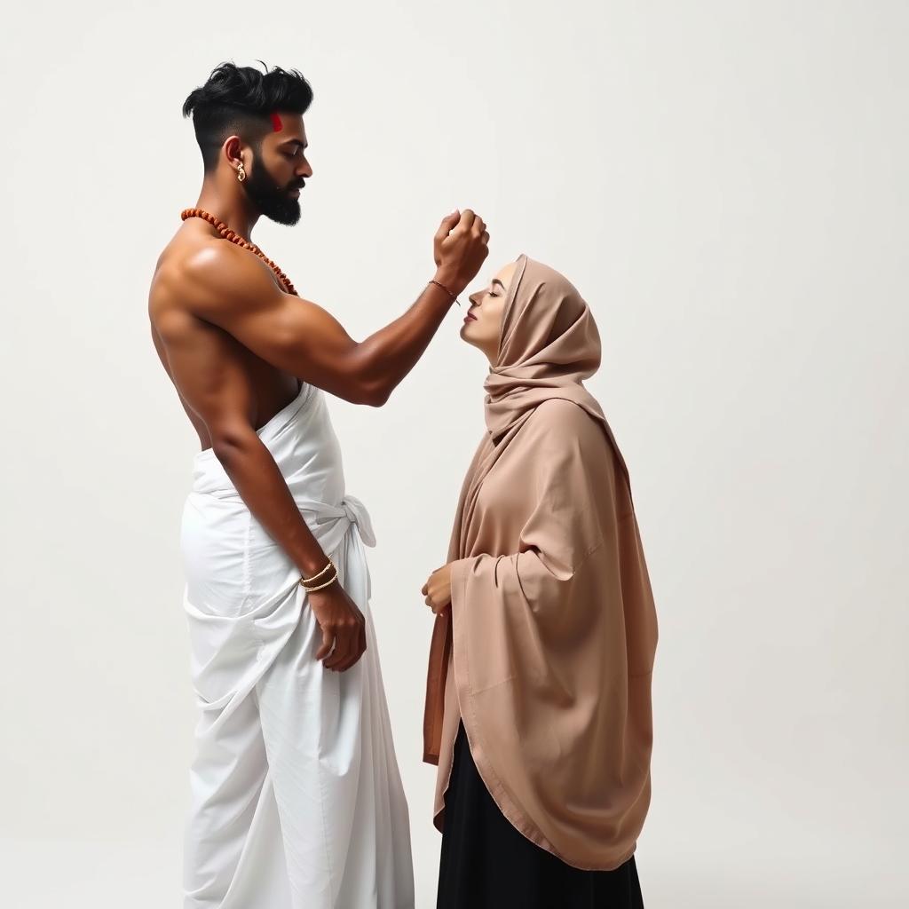 A minimalist romantic scene featuring a tall, fit, muscular Hindu man dressed in a flowing white dhoti with a bright red tilak on his forehead, lovingly kissing a Muslim woman wearing an elegant hijab