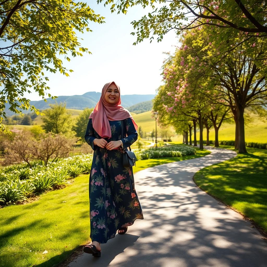 A Muslim woman gracefully walking through a beautiful park, wearing a vibrant hijab and a long, flowing dress adorned with floral patterns