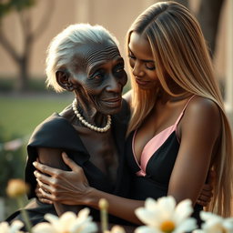 A highly realistic portrayal of a 100-year-old African woman, depicted as unattractive and extremely thin, dressed elegantly in black clothing while affectionately embracing a young blonde woman