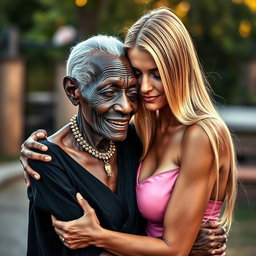 A highly realistic portrayal of a 100-year-old African woman, depicted as unattractive and extremely thin, dressed elegantly in black clothing while affectionately embracing a young blonde woman