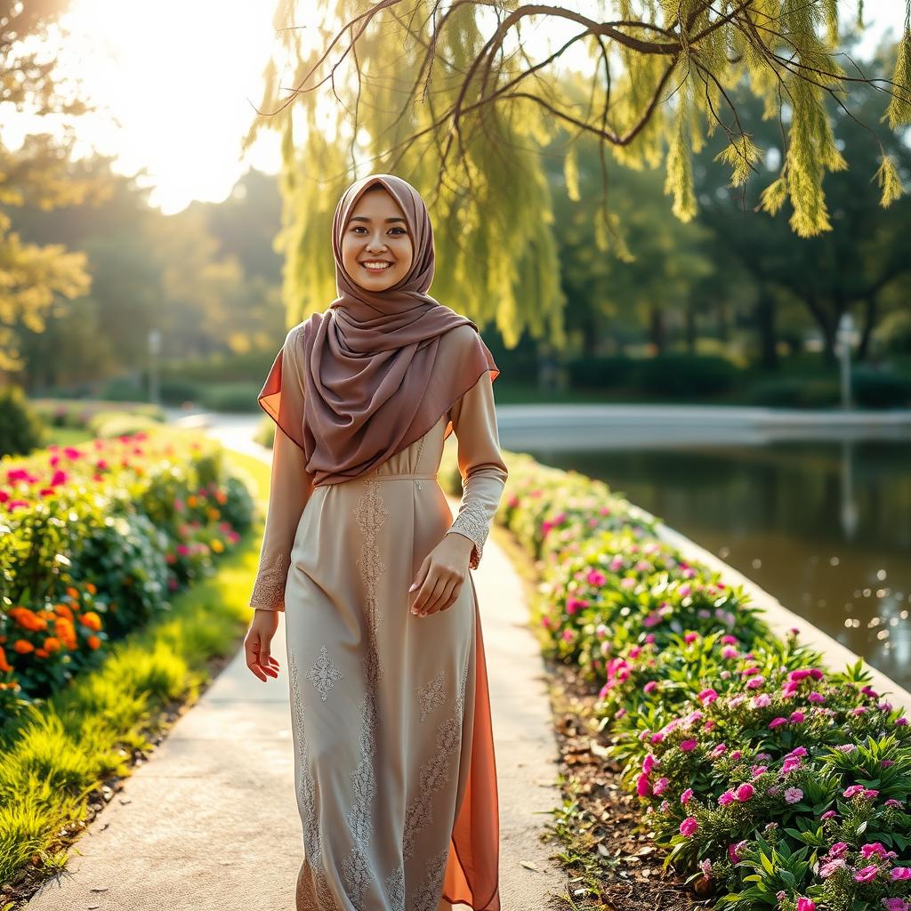 A beautiful Muslim woman walking gracefully through a picturesque park, wearing an elegant hijab that complements her features and a stylish, long dress with intricate lace details