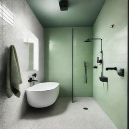 A contemporary bathroom featuring three grey terrazzo walls, one white glossy brick wall, black shower fixtures, tap, and a pistachio green ceiling.