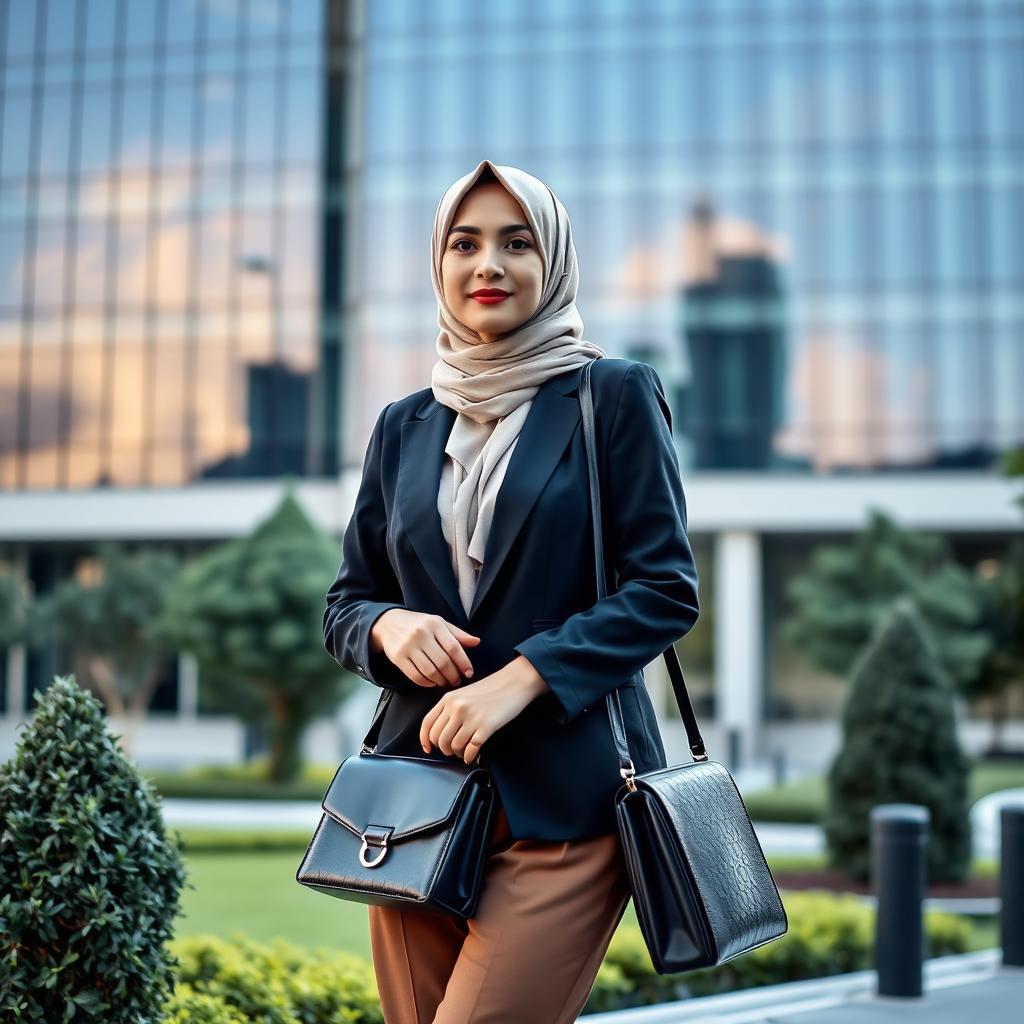 Seorang wanita Muslim yang elegan berhijab, sedang bersiap menuju kantor