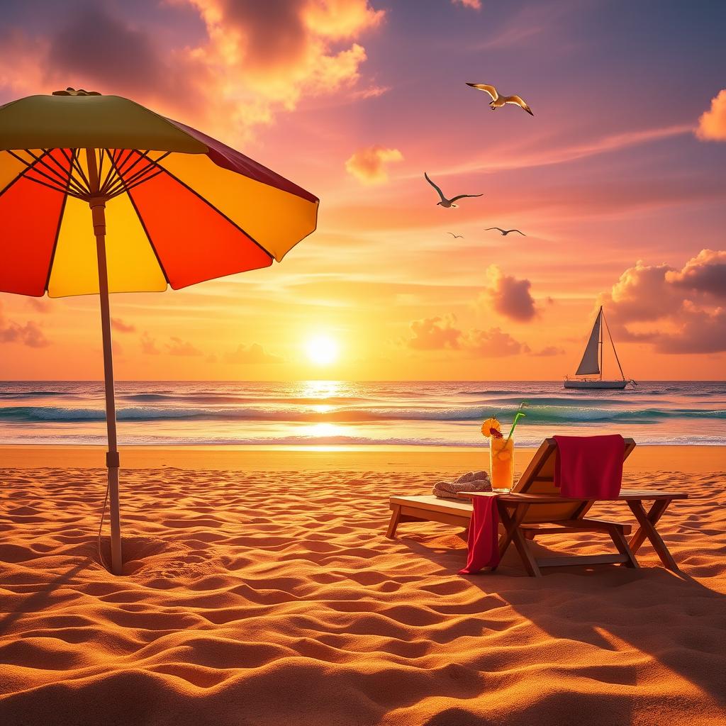 A sunset beach scene with golden sand and gentle waves lapping at the shore