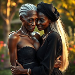 A highly realistic depiction of a 100-year-old African woman, described as unattractive and extremely thin, dressed in elegant black attire while affectionately embracing a young blonde woman