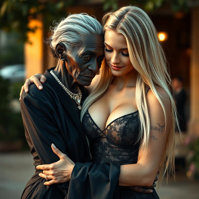 A highly realistic depiction of a 100-year-old African woman, described as unattractive and extremely thin, dressed in elegant black attire while affectionately embracing a young blonde woman