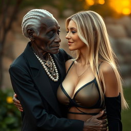 A highly realistic depiction of a 100-year-old African woman, described as unattractive and extremely thin, dressed in elegant black attire while affectionately embracing a young blonde woman