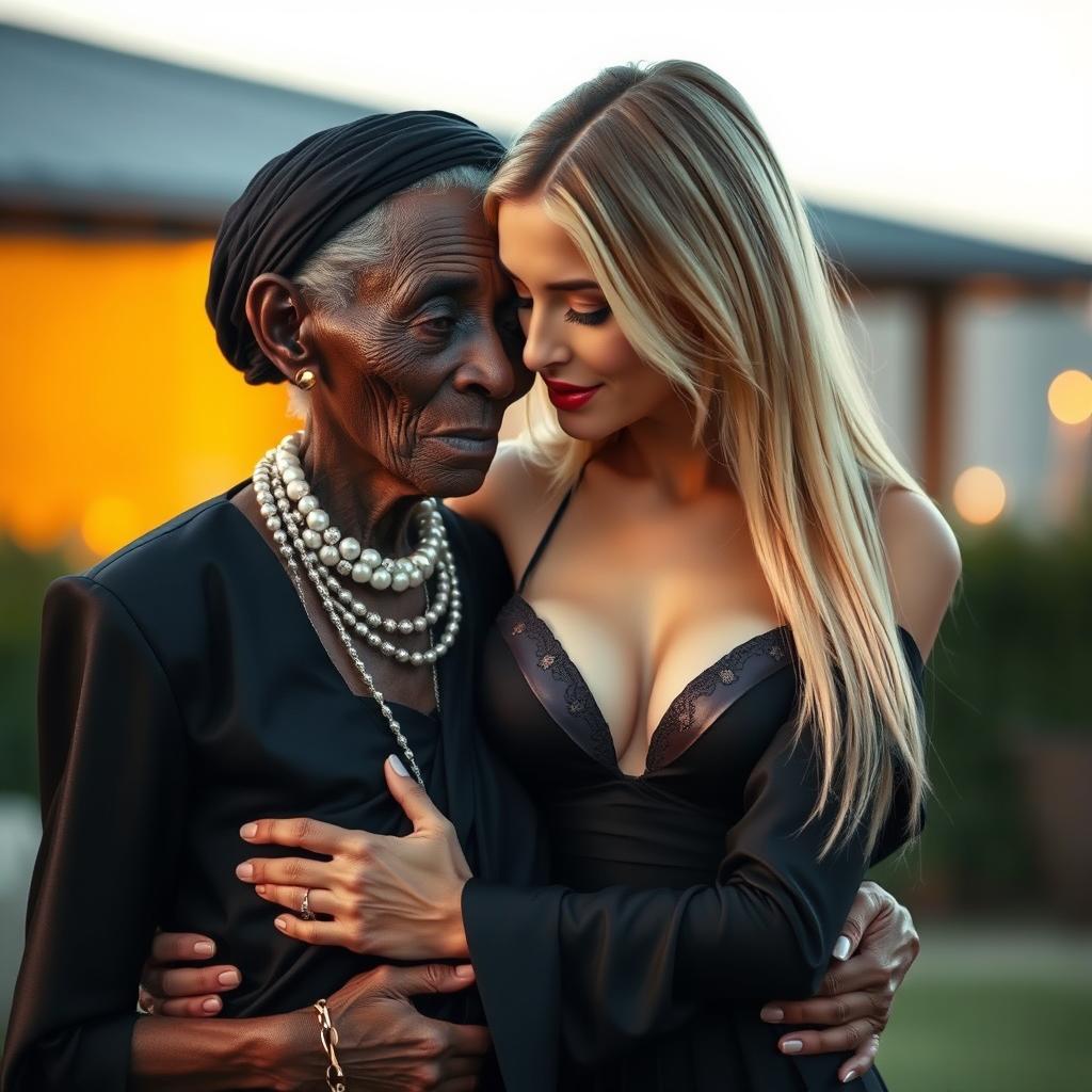 A highly realistic depiction of a 100-year-old African woman, described as unattractive and extremely thin, dressed in elegant black attire while affectionately embracing a young blonde woman