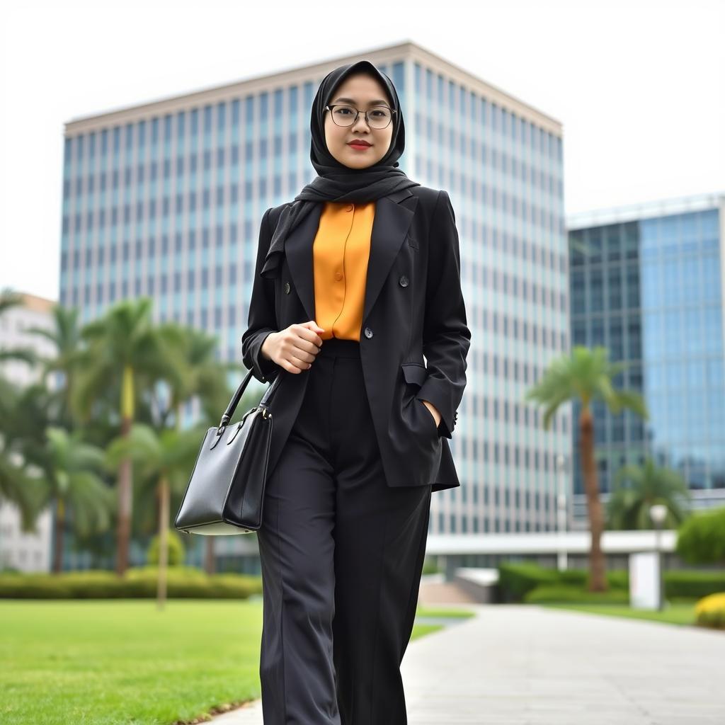 Seorang wanita Muslim yang berhijab elegan, mengenakan outfit mahal dan modis, sedang bersiap pergi ke kantor