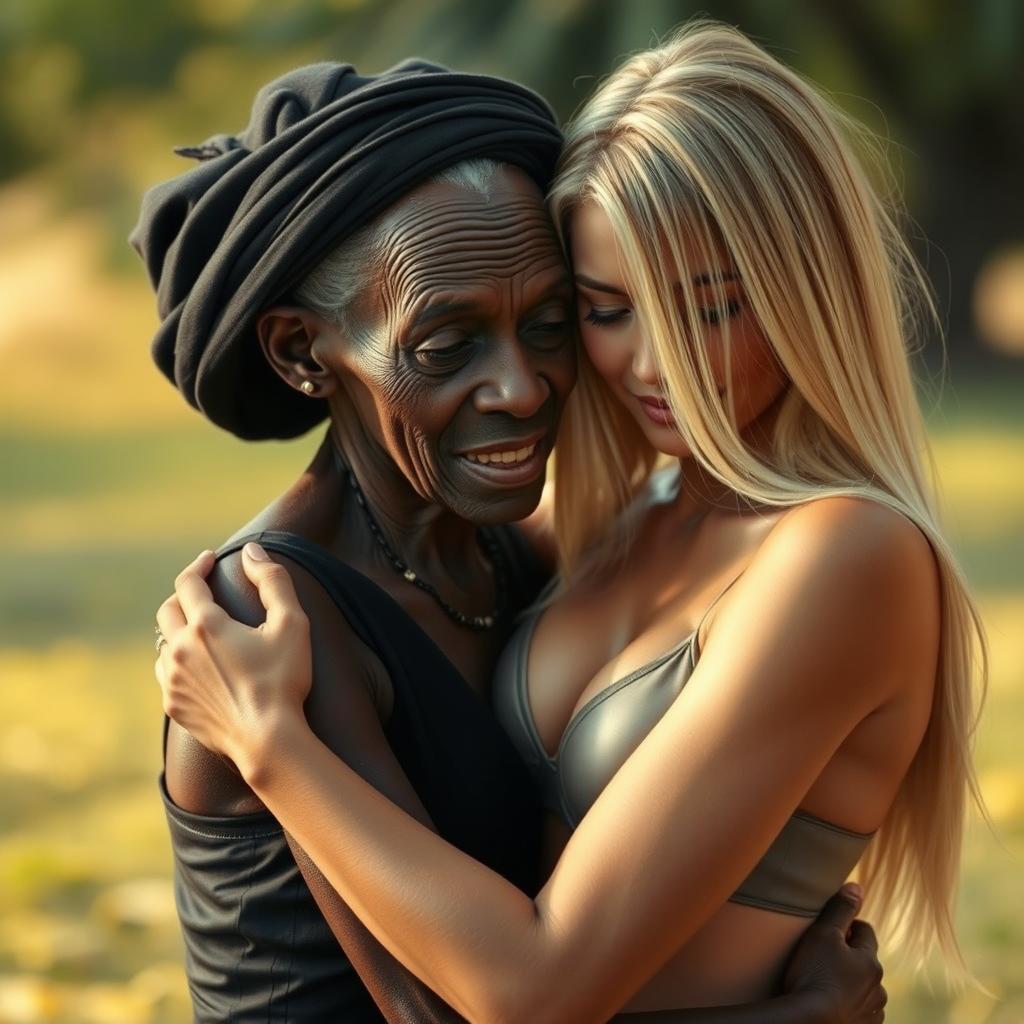 A highly realistic portrayal of a 100-year-old African woman, described as unattractive and extremely thin, elegantly dressed in black