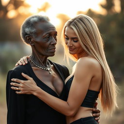 A highly realistic portrayal of a 100-year-old African woman, described as unattractive and extremely thin, elegantly dressed in black