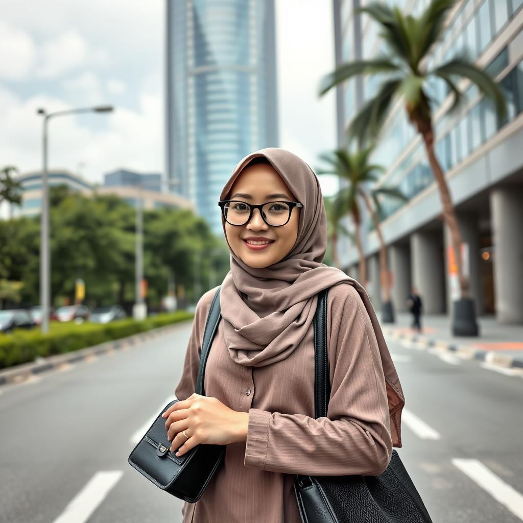Seorang wanita Muslim berhijab elegan, mengenakan rok panjang modis dan atasan stylish, sedang bersiap berangkat ke kantor