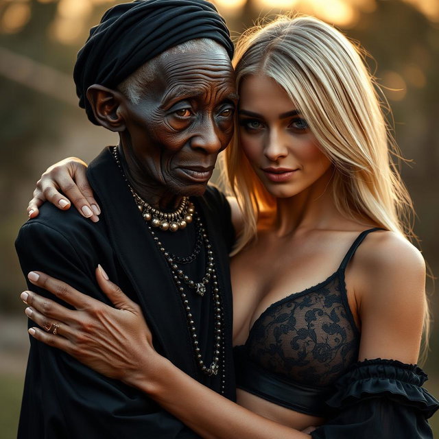 A highly realistic depiction of a 100-year-old African woman, described as unattractive and extremely thin, dressed in elegant black clothing while gently embracing a young blonde woman