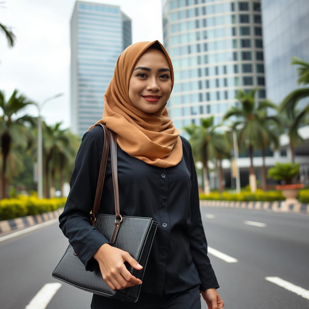 Seorang wanita Muslim yang cantik dengan tubuh langsing, mengenakan hijab yang stylish dan atasan serta rok panjang yang modis, sedang berangkat ke kantor