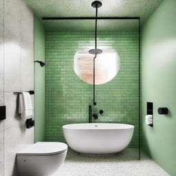 A contemporary bathroom featuring three grey terrazzo walls, one white glossy brick wall, black shower fixtures, tap, and a pistachio green ceiling.