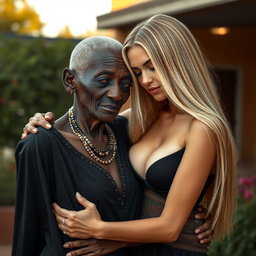 A highly realistic portrayal of a 100-year-old African woman, described as unattractive and extremely thin, elegantly dressed in black