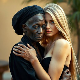 A highly realistic portrayal of a 100-year-old African woman, described as unattractive and extremely thin, elegantly dressed in black