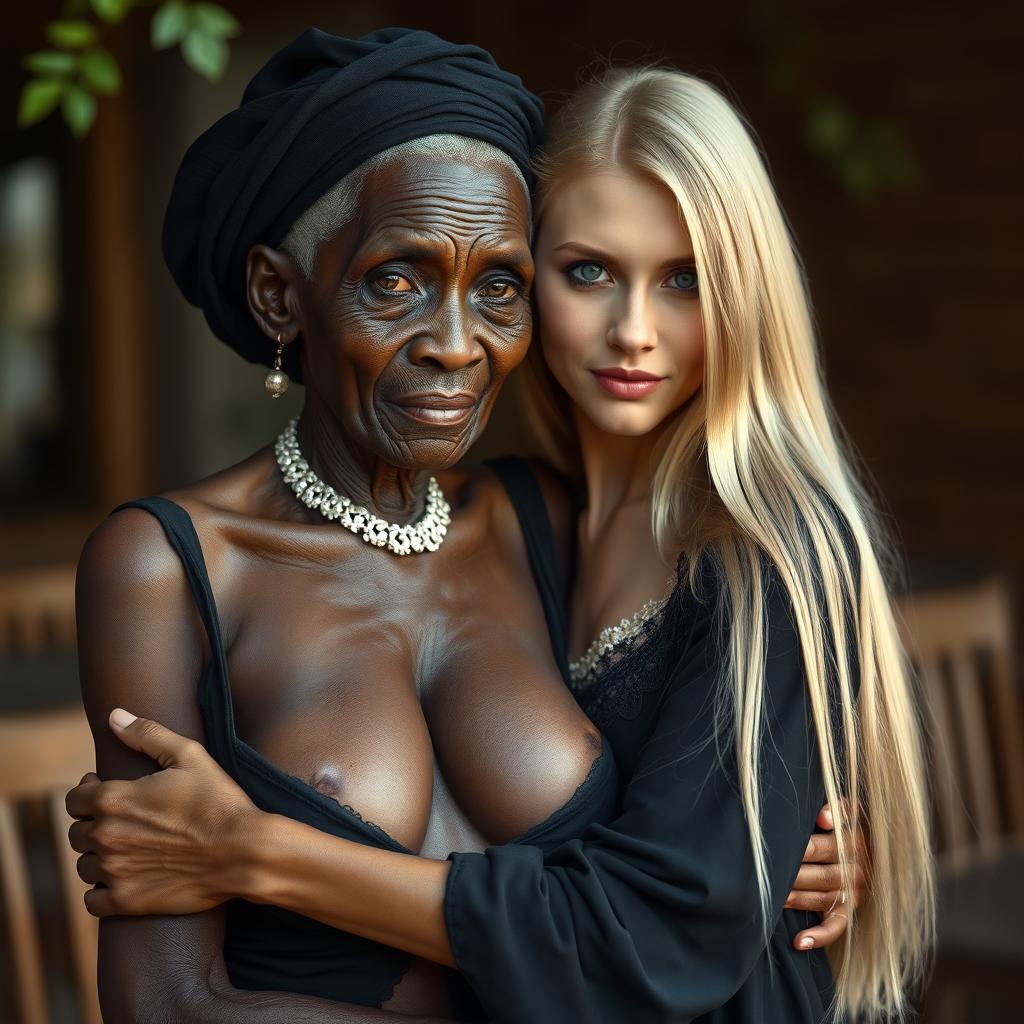 A highly realistic portrayal of a 100-year-old African woman, described as unattractive and extremely thin, elegantly dressed in black