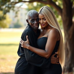 A highly realistic depiction of a 100-year-old African woman, described as unattractive and extremely thin, dressed in a closed black outfit while tenderly embracing a curvy blonde woman classified as a BBW (Big Beautiful Woman)