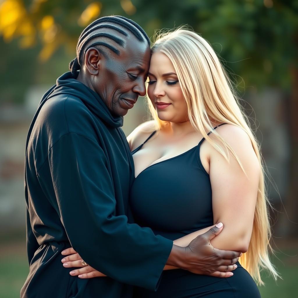 A highly realistic depiction of a 100-year-old African woman, described as unattractive and extremely thin, dressed in a closed black outfit while tenderly embracing a curvy blonde woman classified as a BBW (Big Beautiful Woman)
