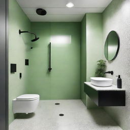 A contemporary bathroom featuring three grey terrazzo walls, one white glossy brick wall, black shower fixtures, tap, and a pistachio green ceiling.