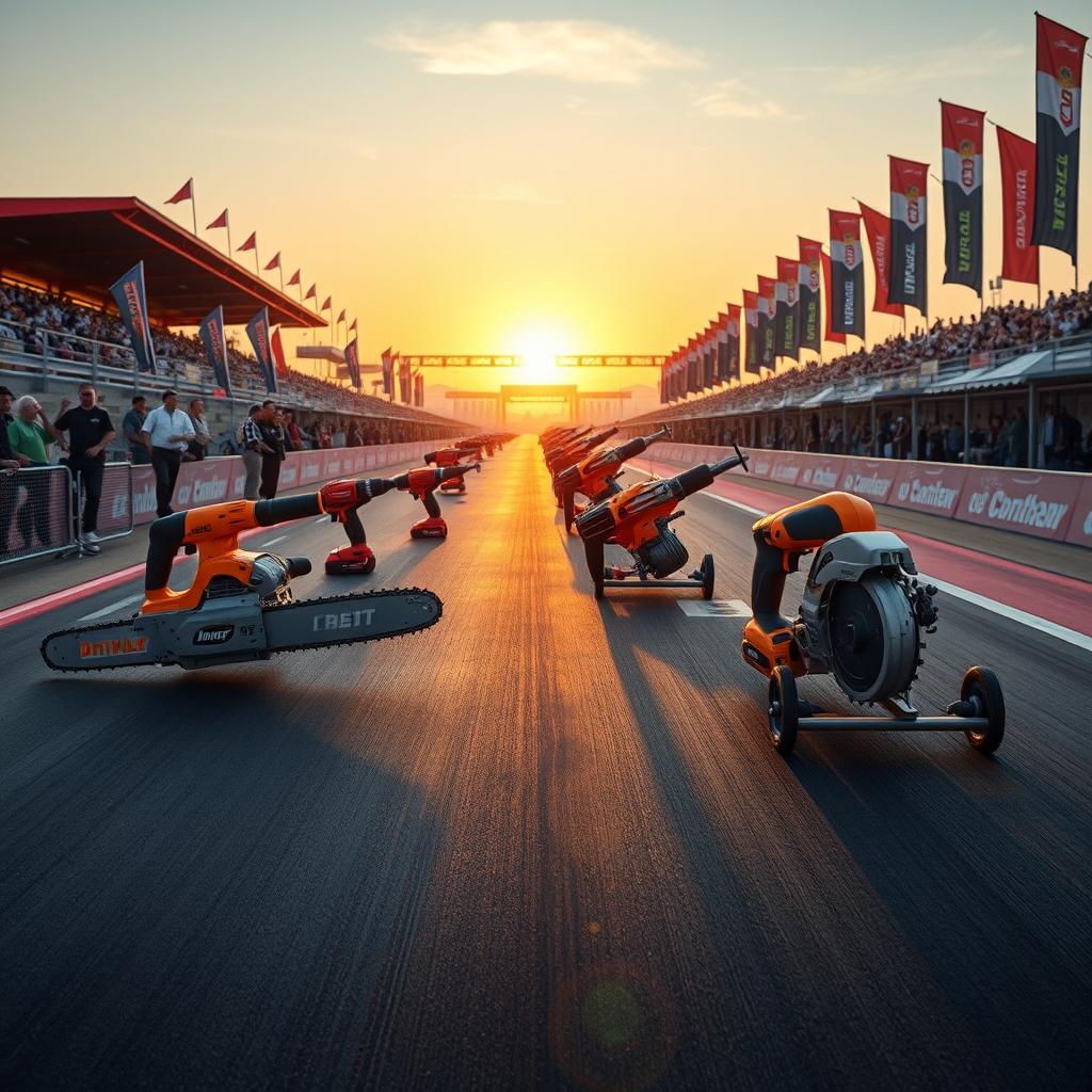 A thrilling scene depicting power tools drag racing down a smooth asphalt track