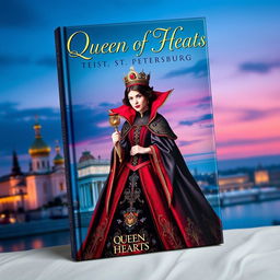 A captivating book cover featuring the Queen of Hearts as a regal and enchanting figure, adorned in a lavish red and black gown with intricate golden details, holding a scepter