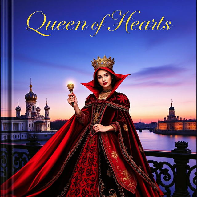 A captivating book cover featuring the Queen of Hearts as a regal and enchanting figure, adorned in a lavish red and black gown with intricate golden details, holding a scepter