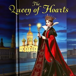 A captivating book cover featuring the Queen of Hearts as a regal and enchanting figure, adorned in a lavish red and black gown with intricate golden details, holding a scepter