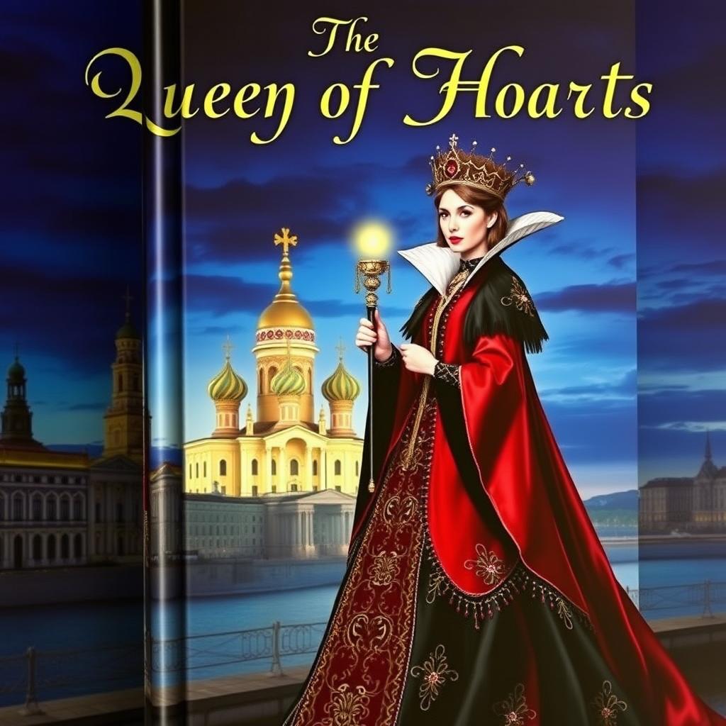 A captivating book cover featuring the Queen of Hearts as a regal and enchanting figure, adorned in a lavish red and black gown with intricate golden details, holding a scepter